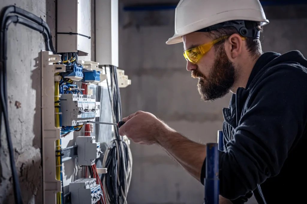male electrician works switchboard with electrical connecting cable